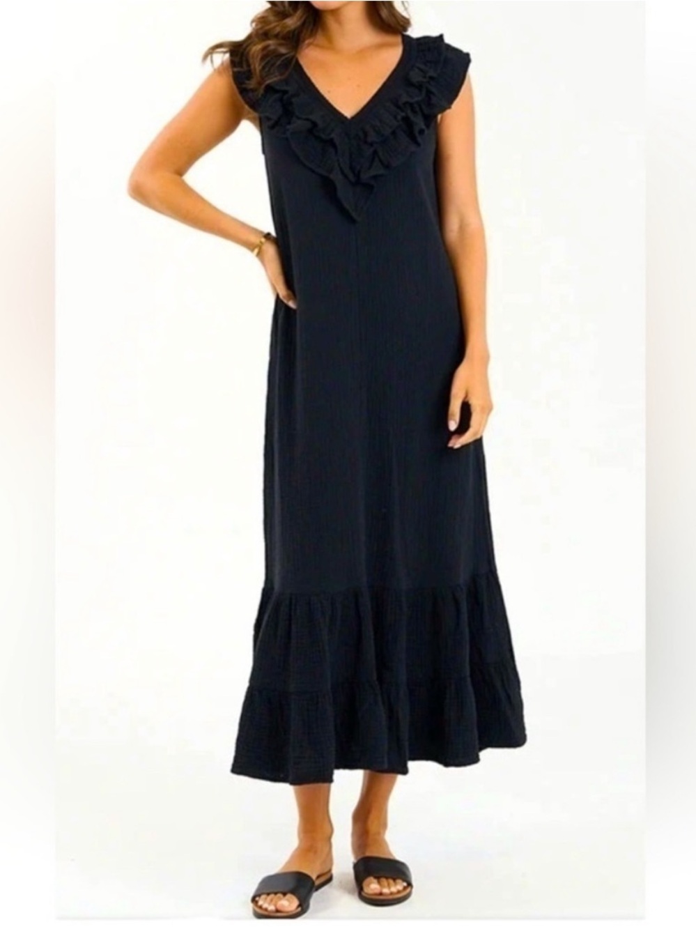 SUNDAYS Black Gauze Cotton Ruffle Hem Maxi Dress Summer Beach Vacation